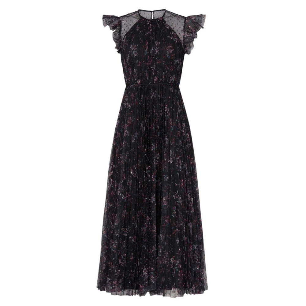 JILL STUART Floral‎ Tulle Sheer Dot Ruffle Flutter Sleeve Pleated Maxi Gown 0 - Picture 13 of 15